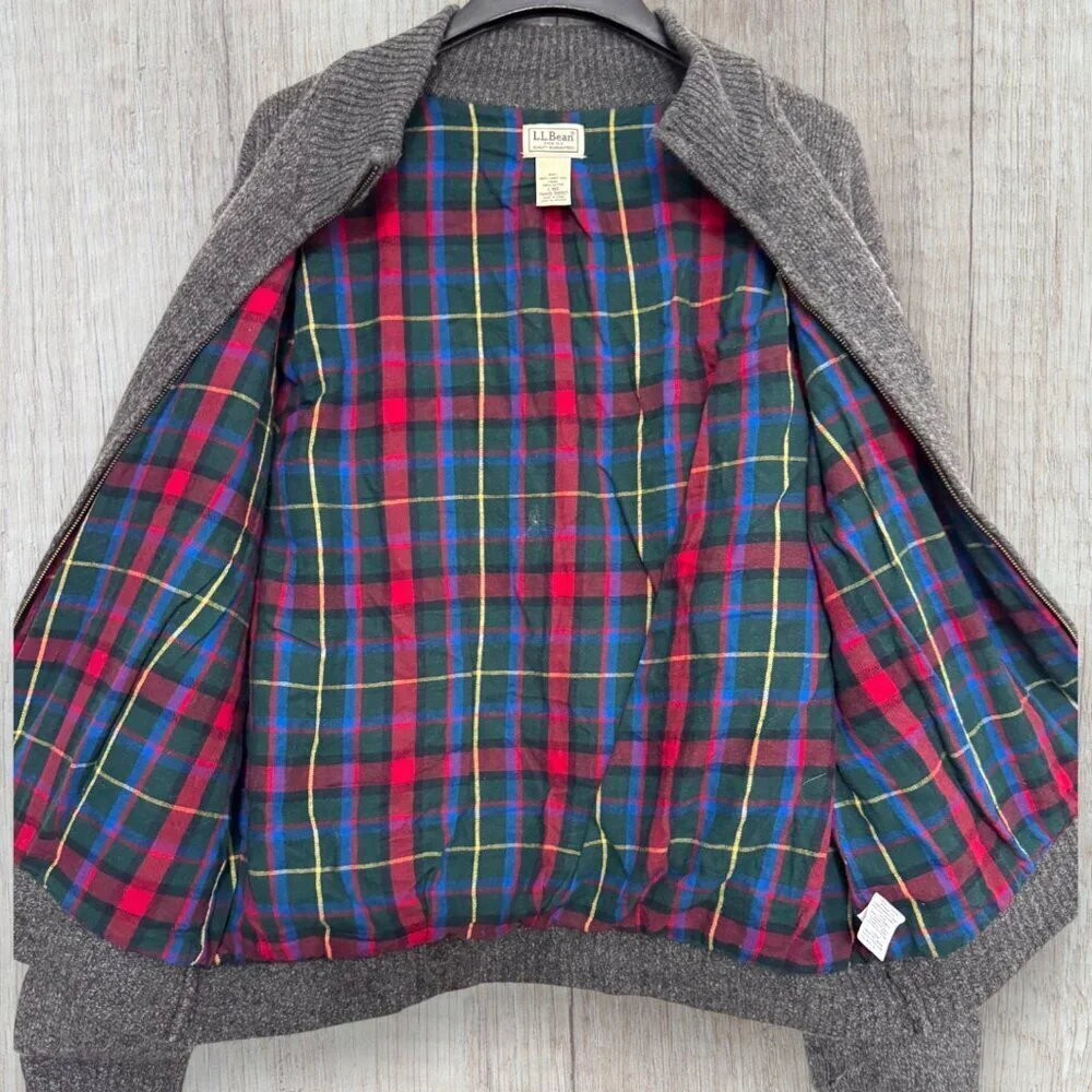 LL Bean Lambswool Bomber Jacket Gray Tartan Lined Zip Front Classic Coat Mens L